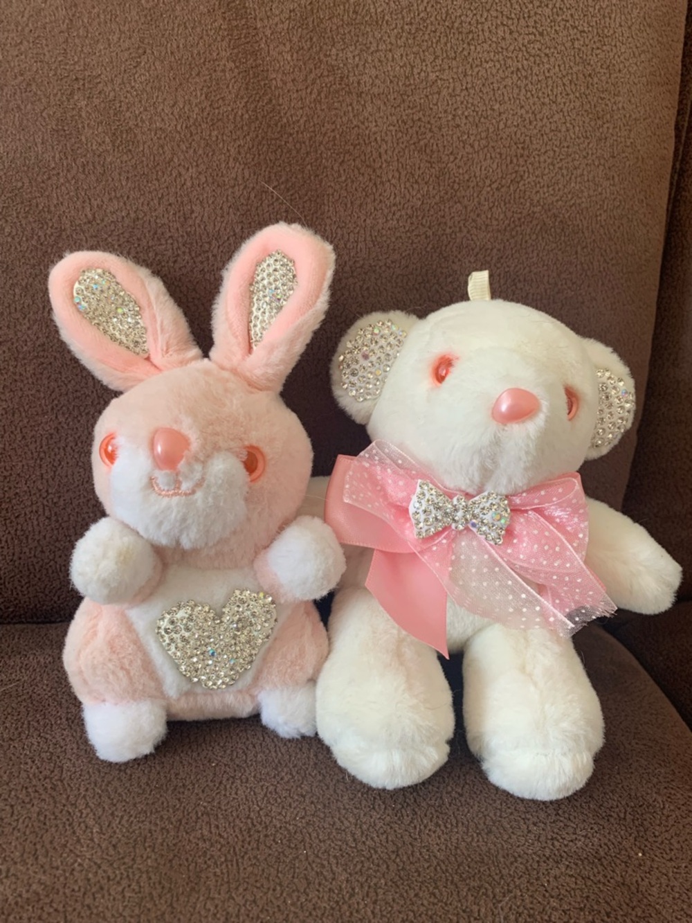 Pink & White Plush Bunny and Bear Set with Rhinestone Accents